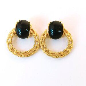 Vintage Trifari Gold-Tone Rope Hoop Earrings With Black Cabochon Accents